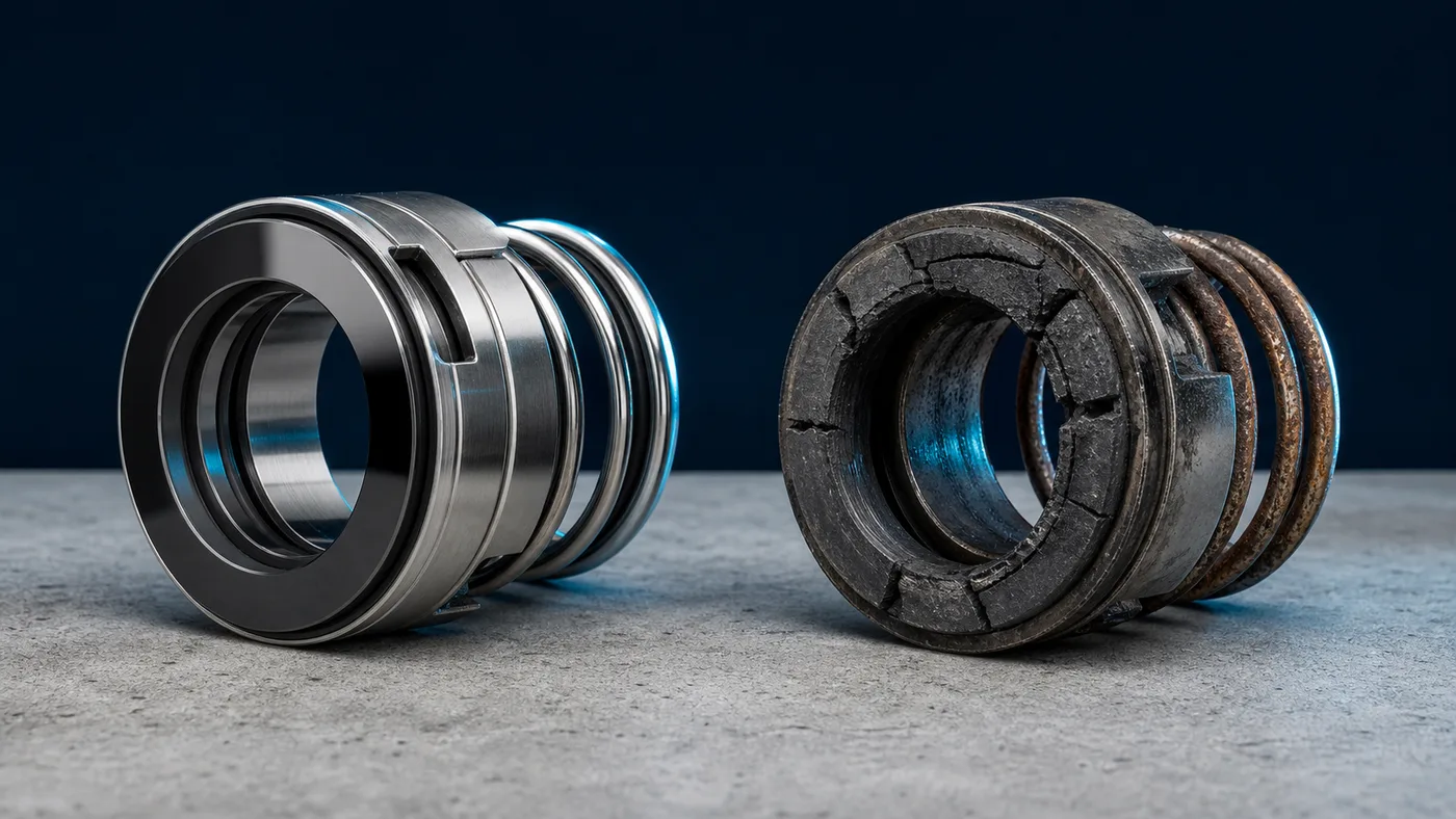 New shaft seal compared with one destroyed by running dry