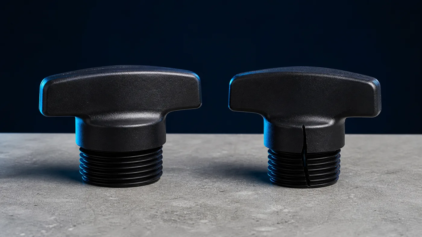 Cracked filter locking knob next to a new one