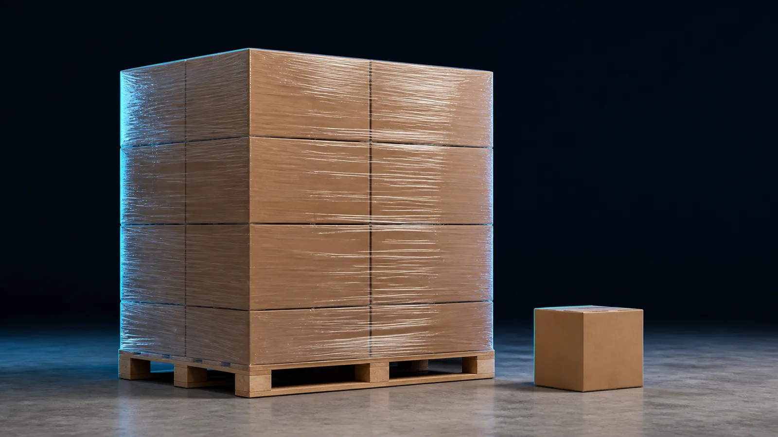 A shrink-wrapped pallet of cartons beside a single much smaller carton
