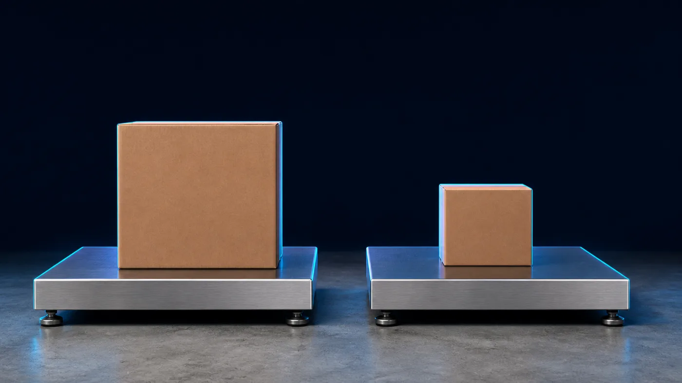 A large light carton beside a small heavy one on a freight scale
