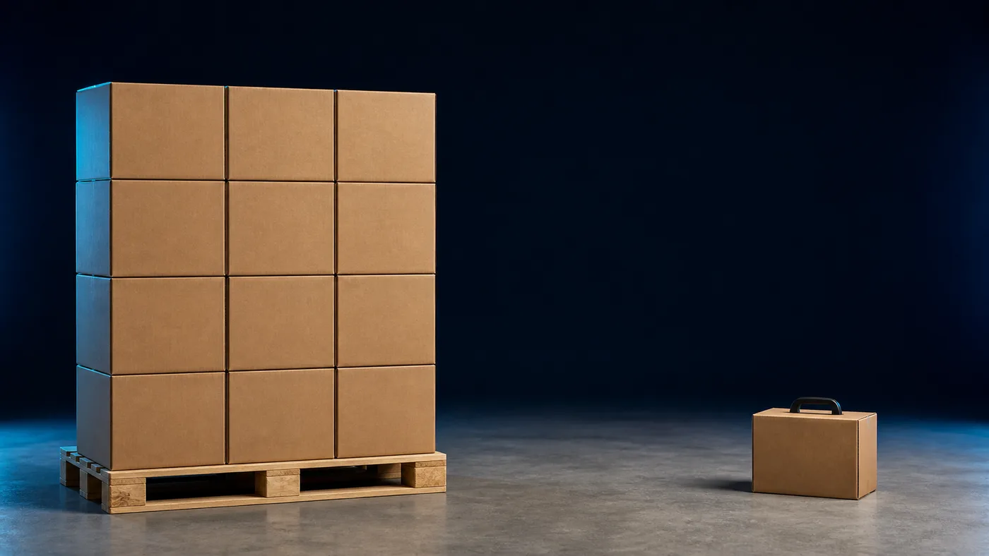 A pallet of sea freight beside the single carton worth flying