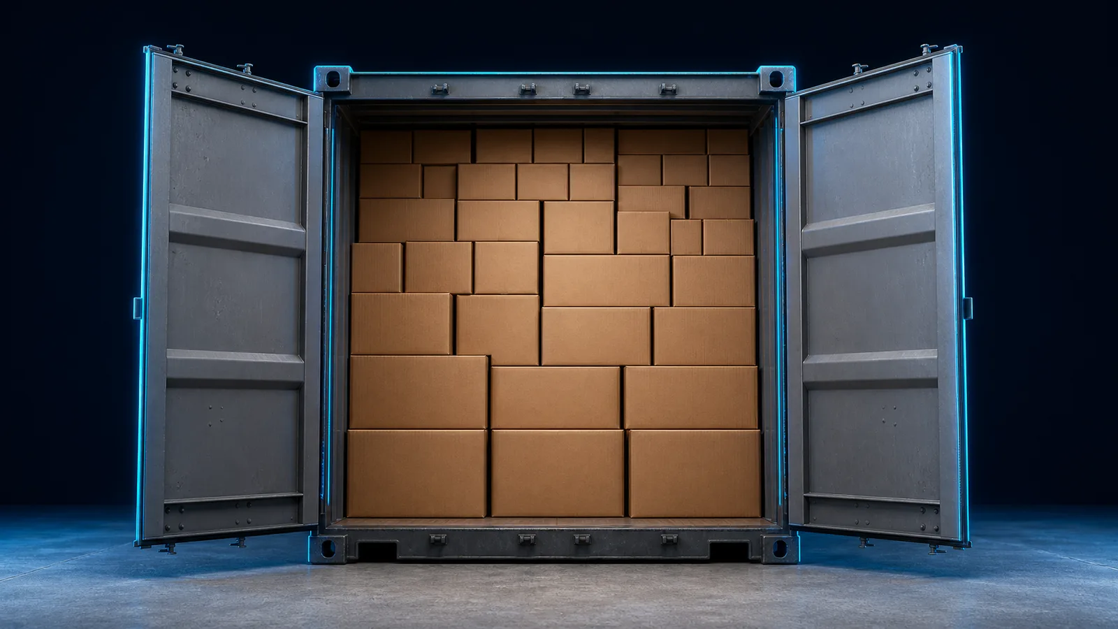 Interior of a shipping container stacked floor to ceiling with cartons