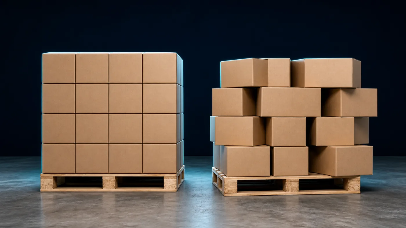 A tightly cubed pallet beside one stacked with overhang and gaps