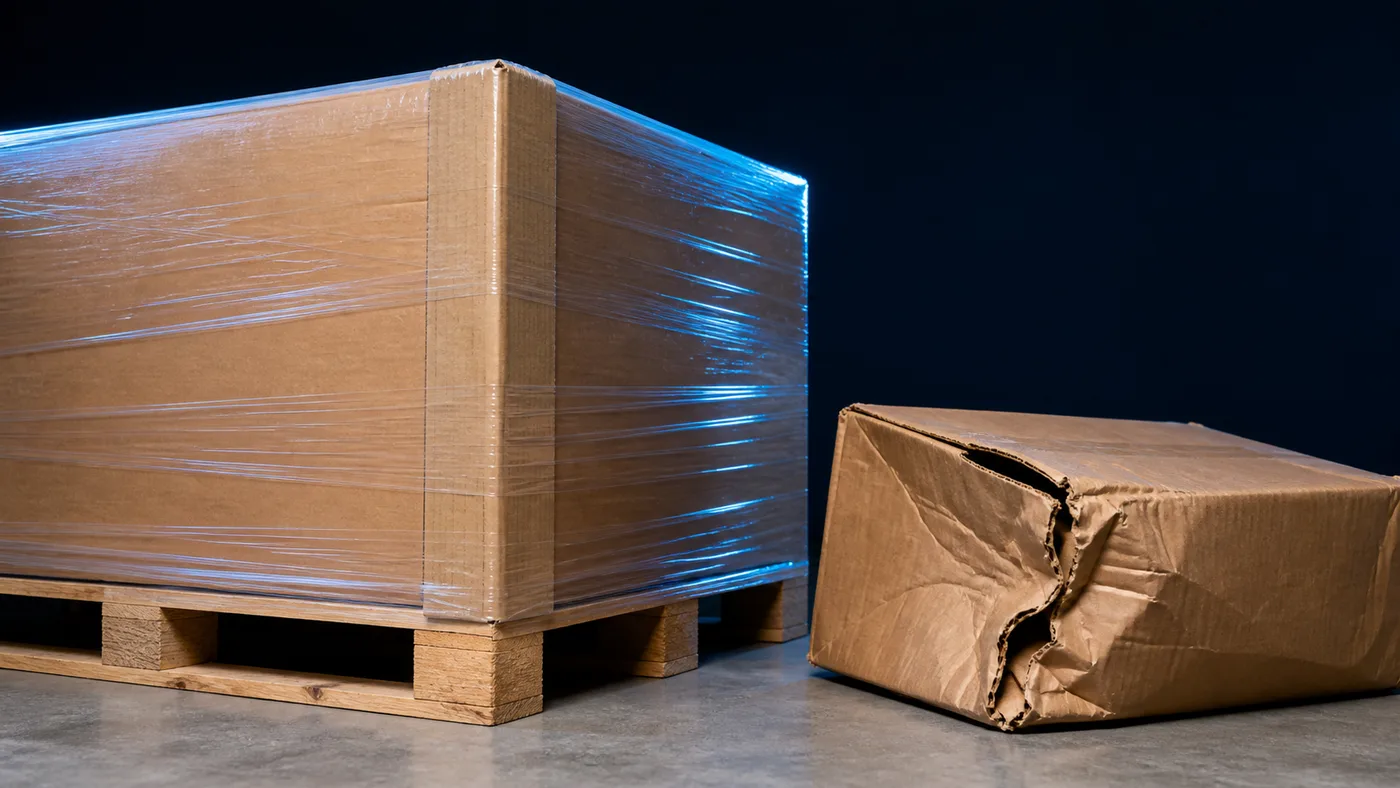 An edge-protected carton beside one crushed in transit