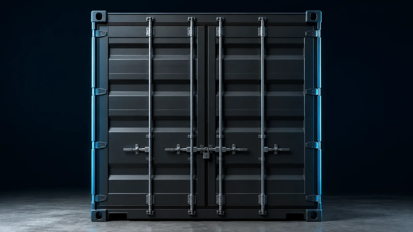 Closed shipping container doors with the latch bars secured and a seal fitted