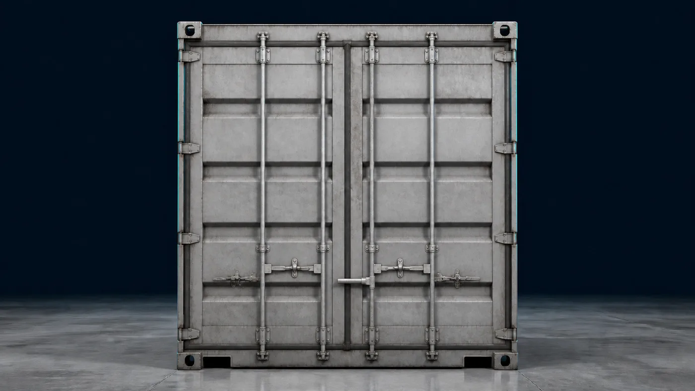 A closed container door secured with a bolt seal in a yard