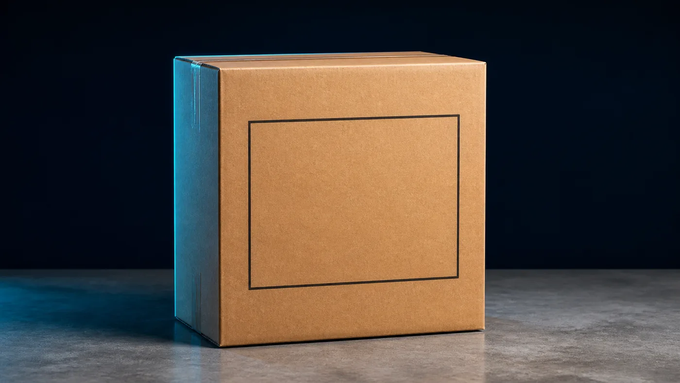 A kraft carton with an empty stencilled marking panel