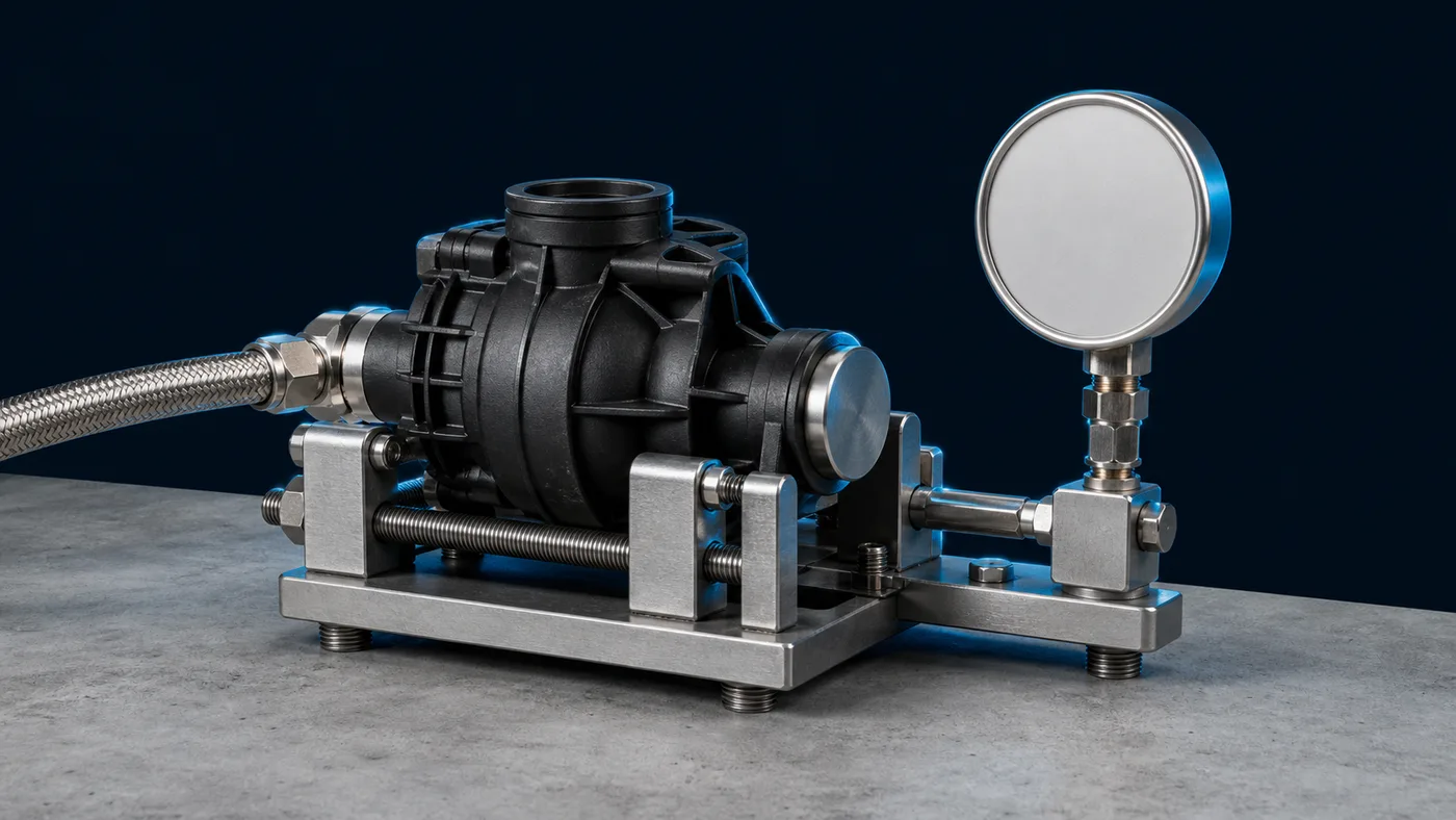 A pump housing on a pressure test rig