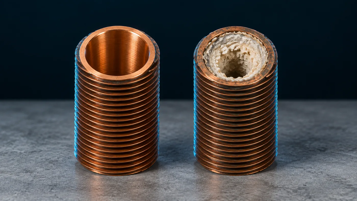 A finned copper heat exchanger tube with heavy white scale inside next to a clean one