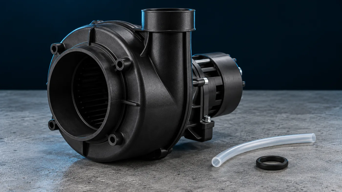Combustion blower removed from a heater with its thin silicone pressure tube