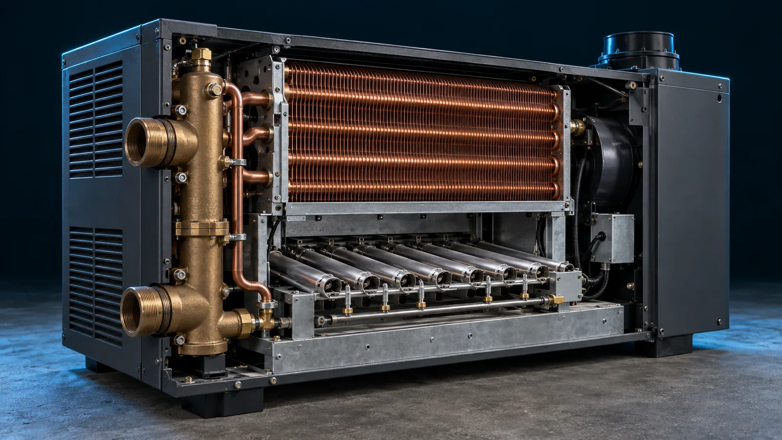 Pool heater opened to show tube bundle, burners and header