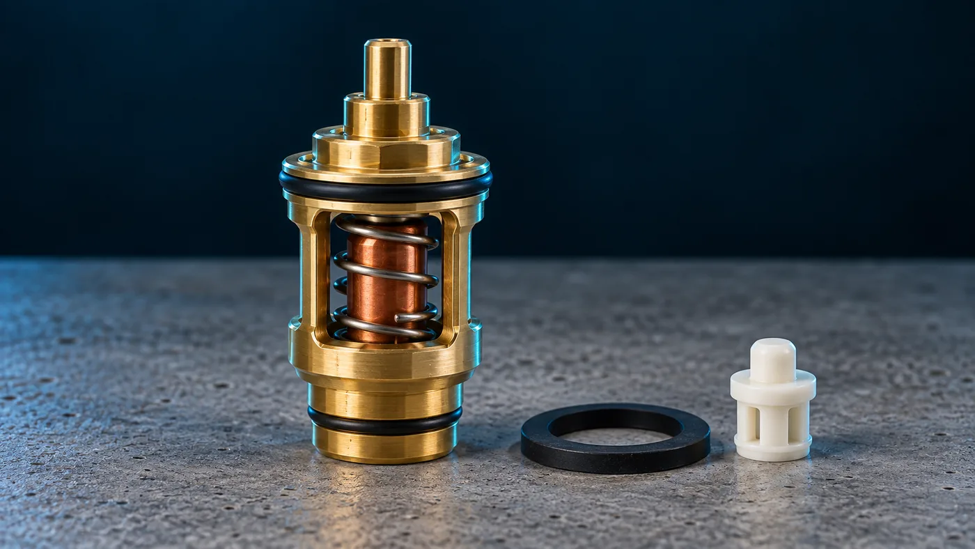 A brass thermostatic bypass governor valve beside its rubber gasket