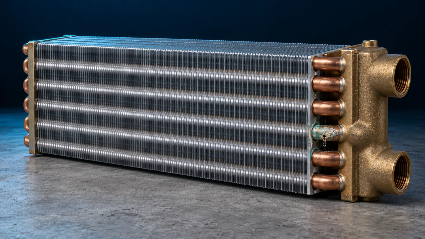 A finned copper tube bundle removed from a heater, one tube showing green corrosion