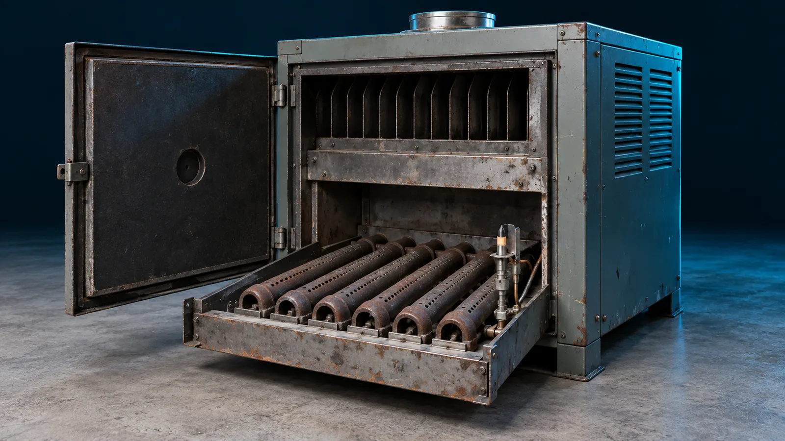 Millivolt pool heater with the burner tray partly withdrawn