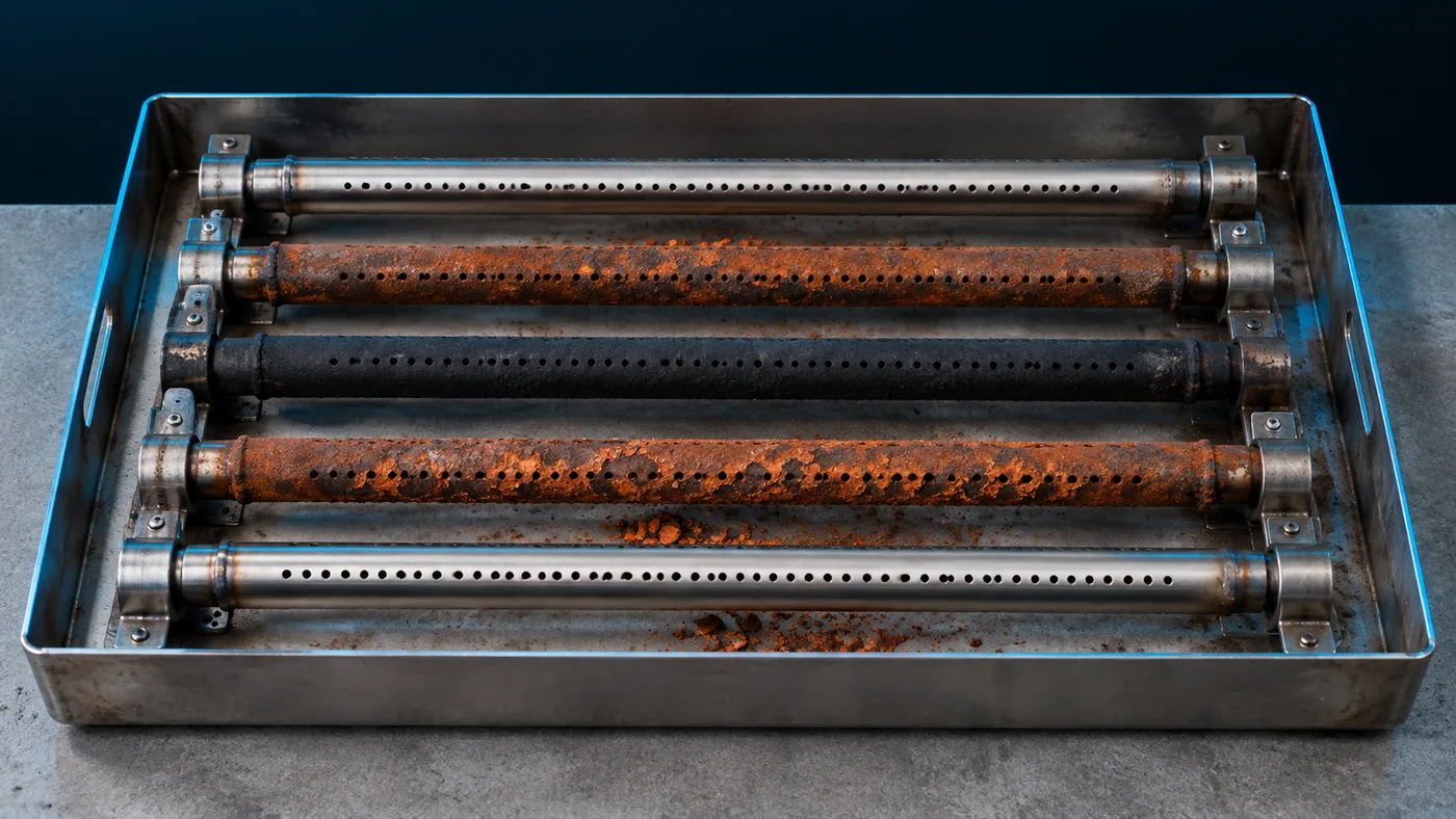 A heater burner tray with rusted burner tubes and soot deposits