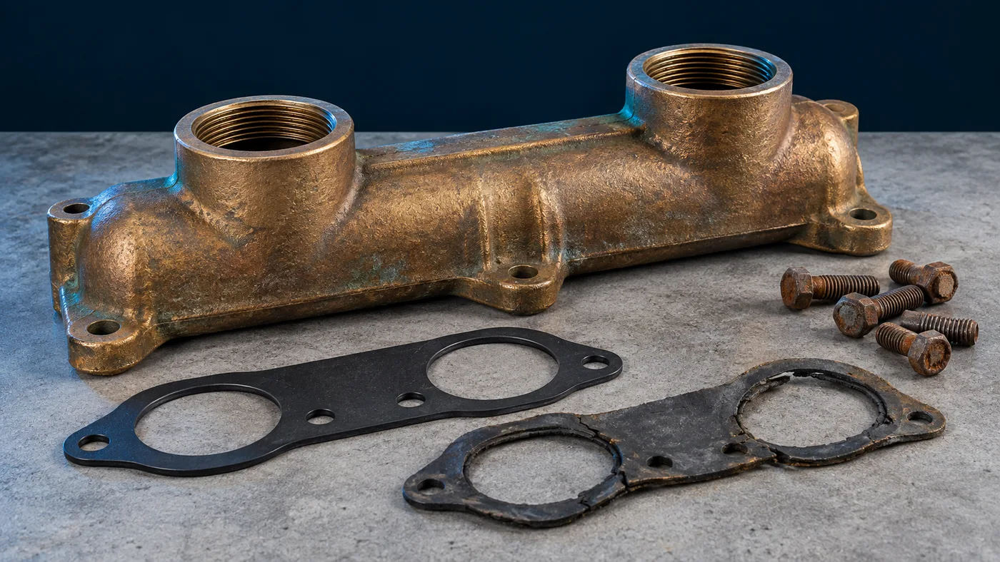A bronze heater inlet/outlet header with a fresh gasket and a corroded old one