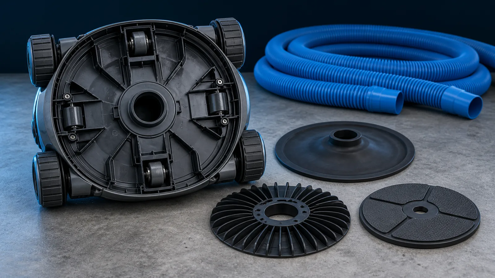 Suction pool cleaner disassembled to show diaphragm, disc and hose