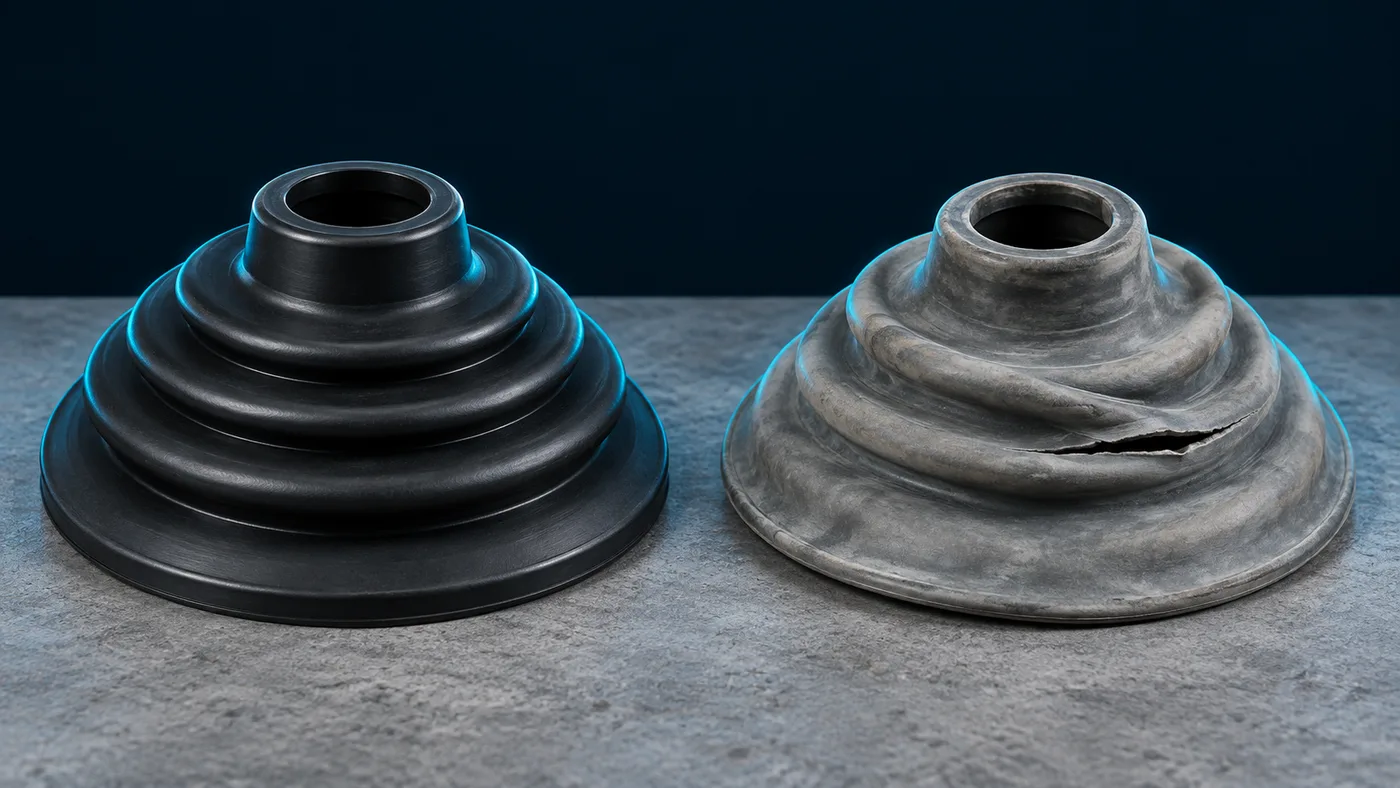 A new cleaner diaphragm beside a torn, stretched old one
