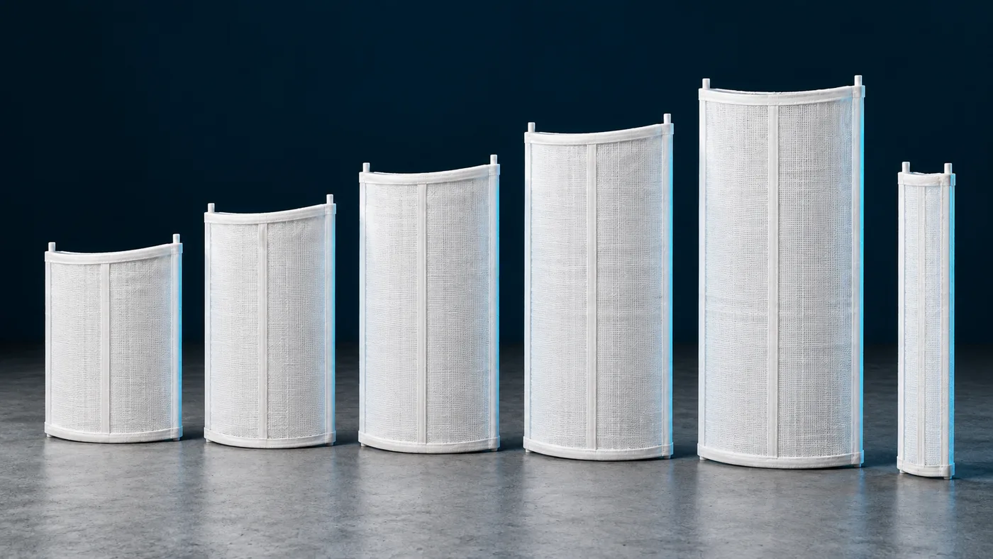 DE filter grids of five different heights standing in a row