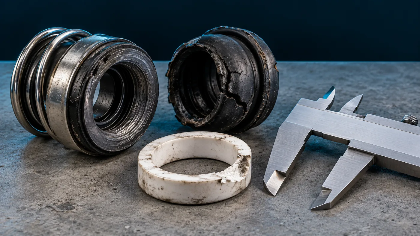 A worn shaft seal with its seat removed, showing the scored face and swollen boot