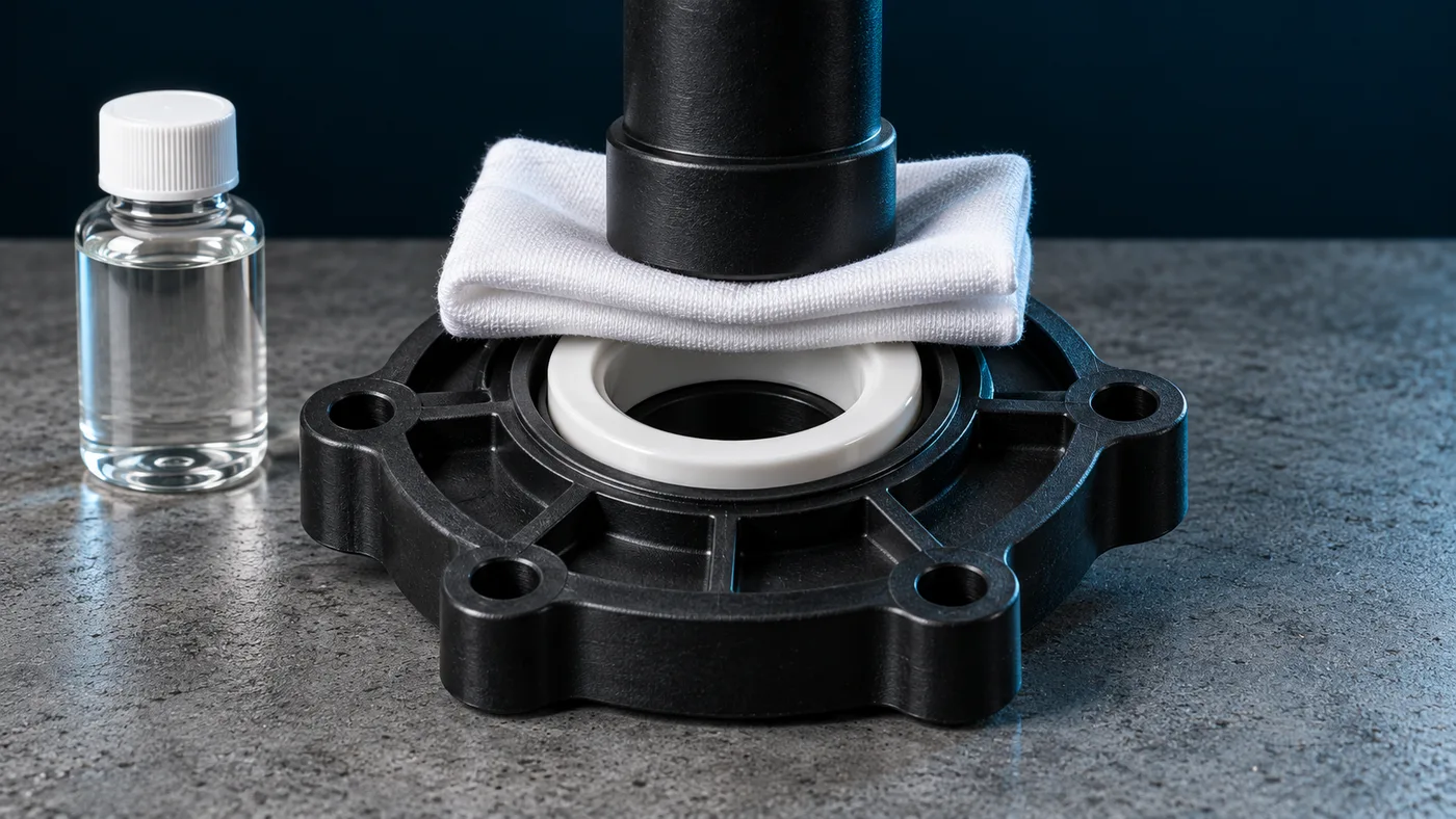 A new seal seat being pressed into a pump seal plate with a clean cloth