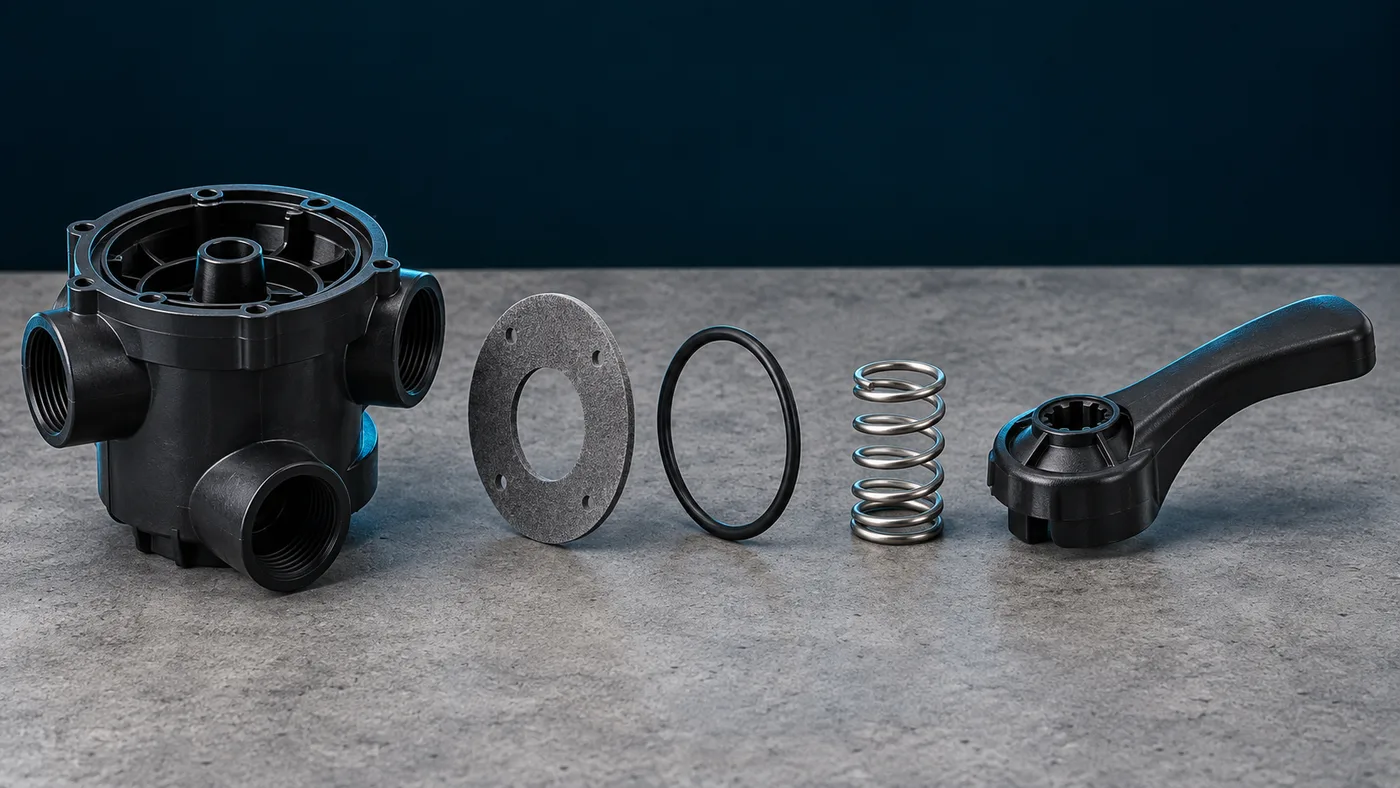 A dial-type backwash valve disassembled to show its foam gasket, o-ring and spring