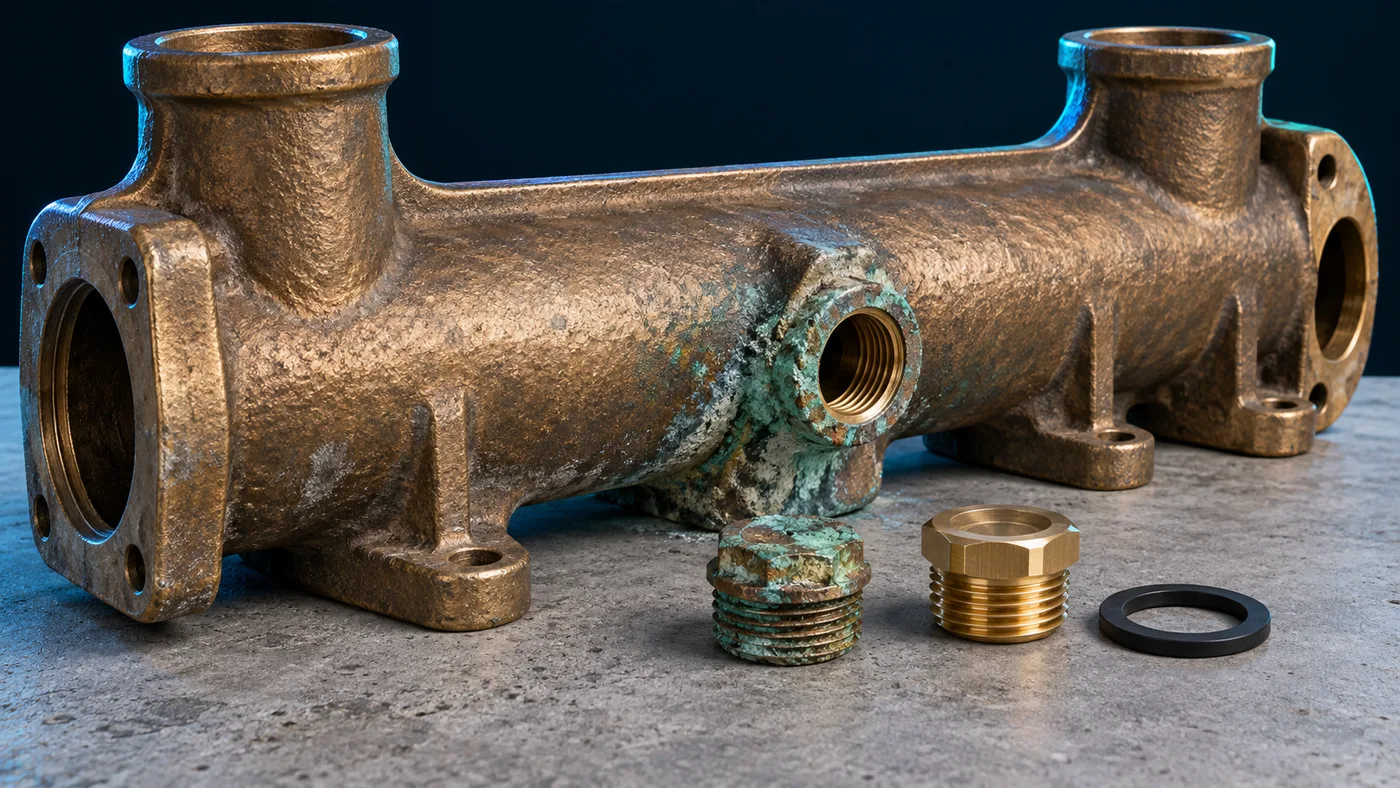 A bronze heater header with a corroded bypass plug and a new gasket