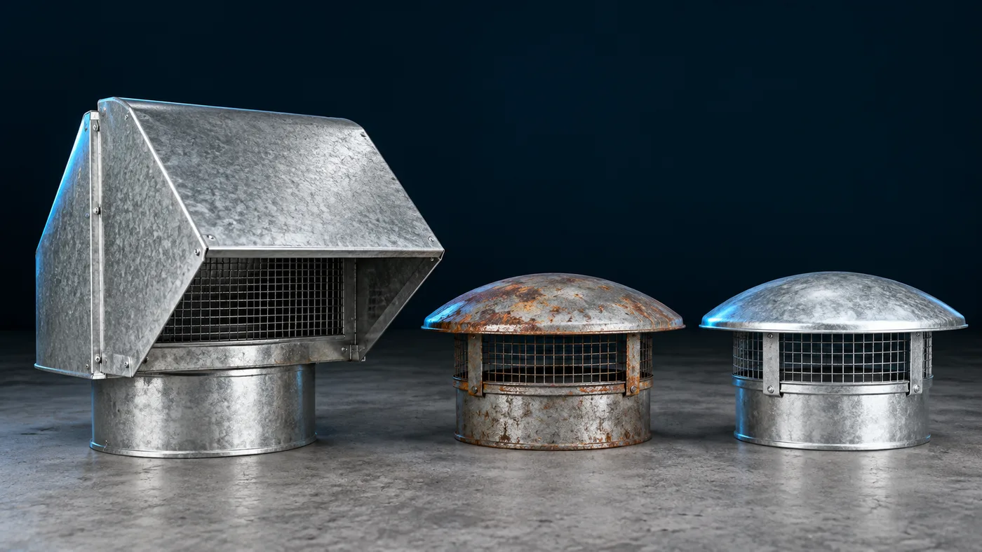 A galvanised draft hood and vent cap from an atmospheric pool heater