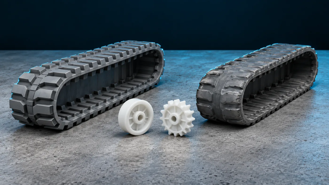 A worn robotic cleaner track beside a new one showing tread depth