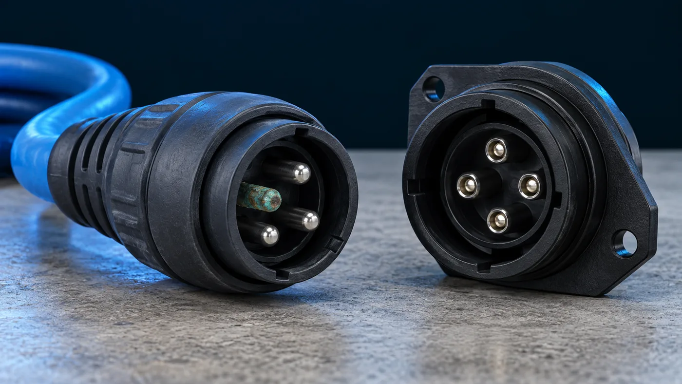 A robotic cleaner's floating cable plug with a corroded contact beside a clean socket