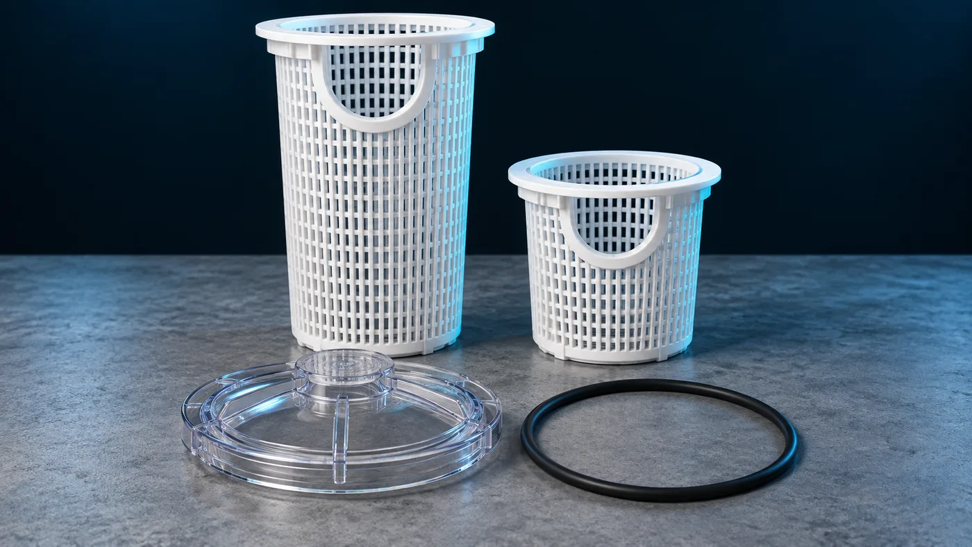 Two strainer baskets of different heights for the same pump family