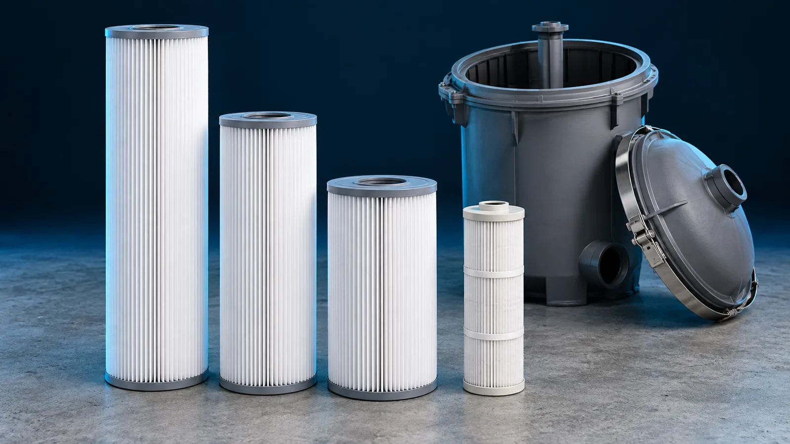 Pool filter cartridges of different lengths beside an opened filter tank