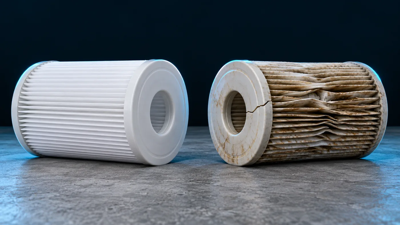 A worn filter cartridge with collapsed pleats and a cracked end cap next to a new one