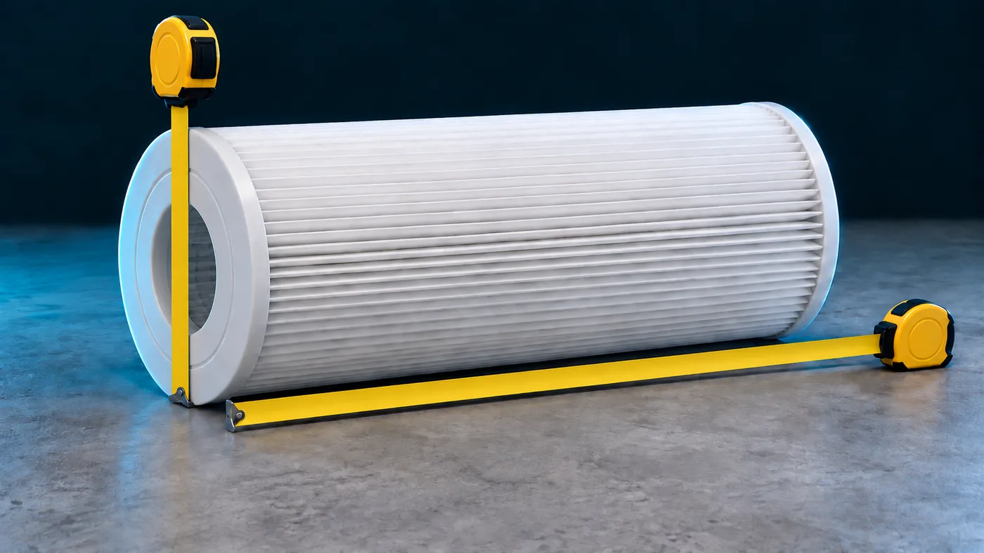 A tape measure laid along a filter cartridge to check its length