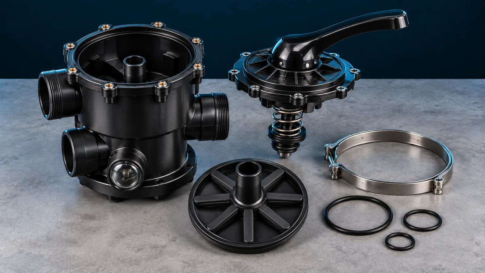 Multiport valve disassembled to show diverter, star gasket, spring and clamp