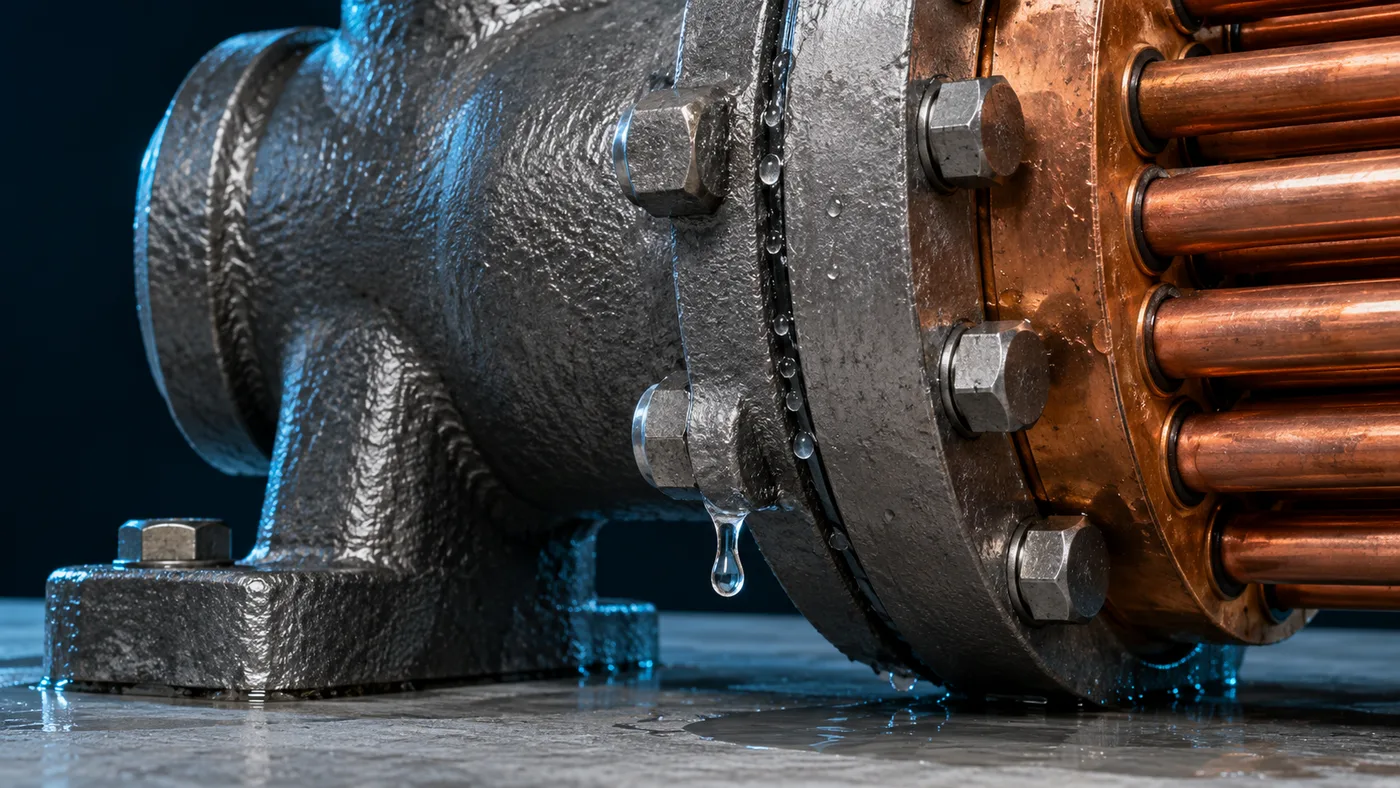 A bead of water along the flange line between a header casting and the tube sheet