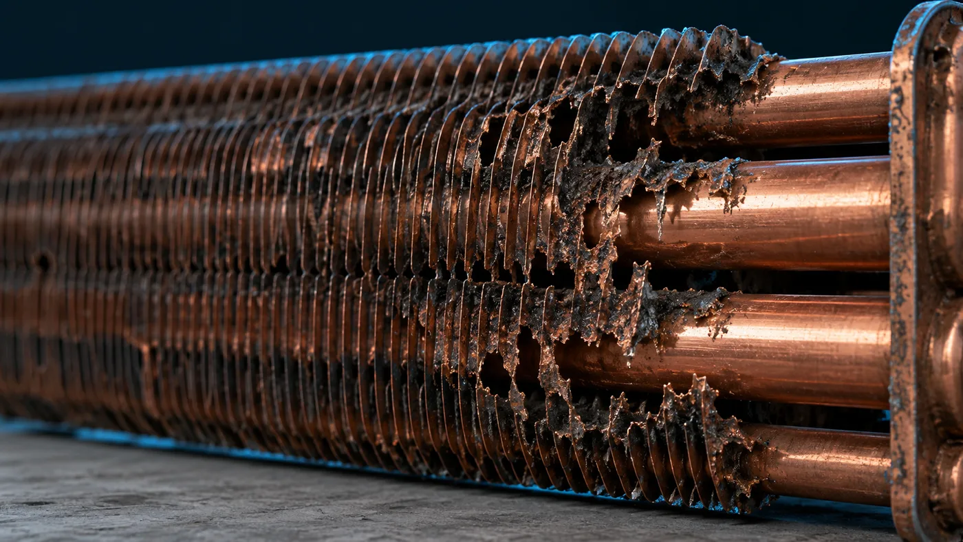 A tube bundle whose fins are eaten away on one side while the tubes stay bright