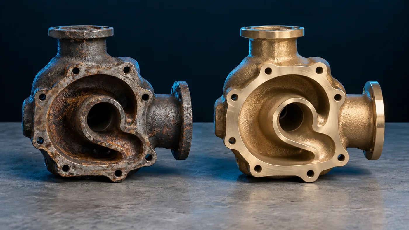 Two identical headers side by side, one corroded cast iron and one bronze