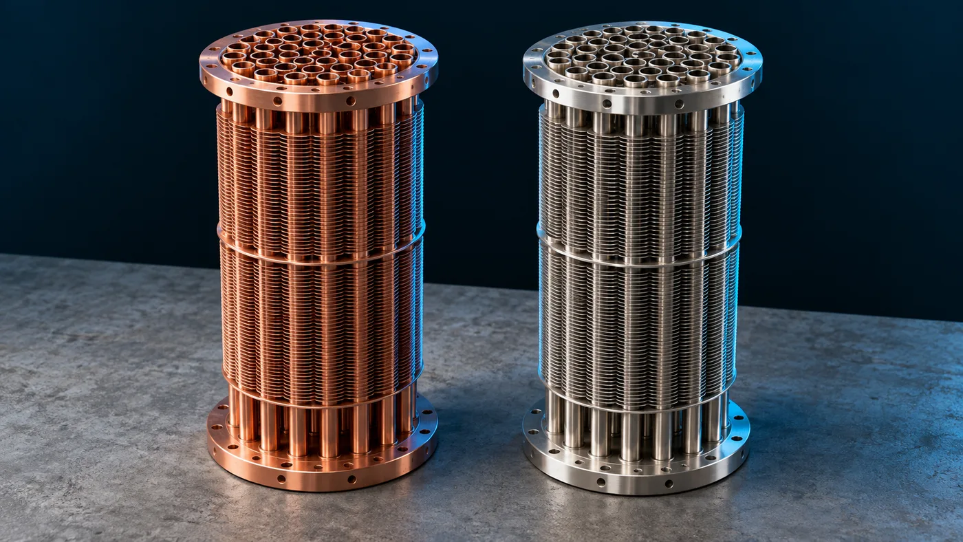 A copper tube bundle and a cupro-nickel tube bundle photographed together