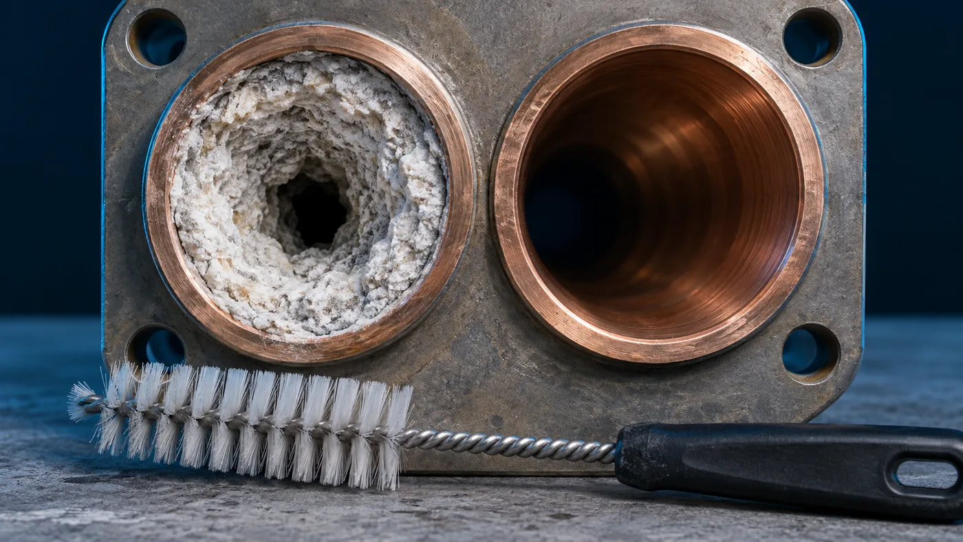 Tube ends, one narrowed by hard white scale and one clean