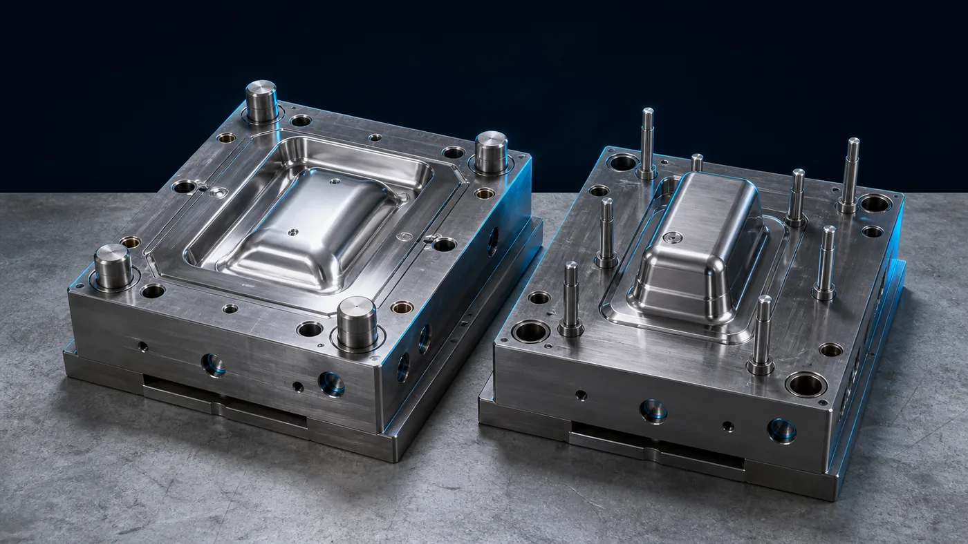 A two-part steel injection mould sitting open on a workbench