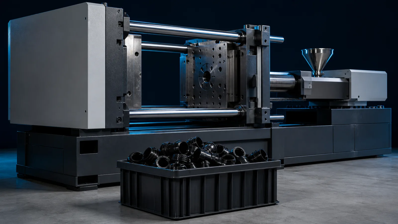 Clamping end of an injection moulding machine with a bin of moulded pool parts