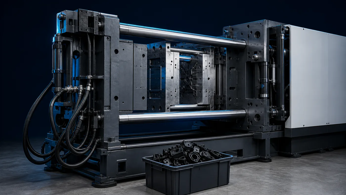 The clamp end of an injection moulding machine with a mould mounted between the platens