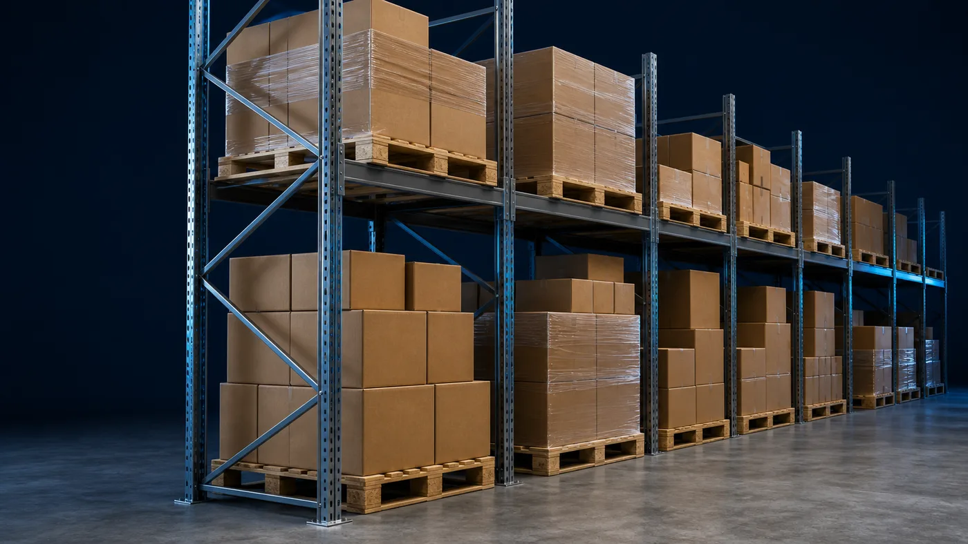 A warehouse rack holding unbranded cartons of mixed sizes