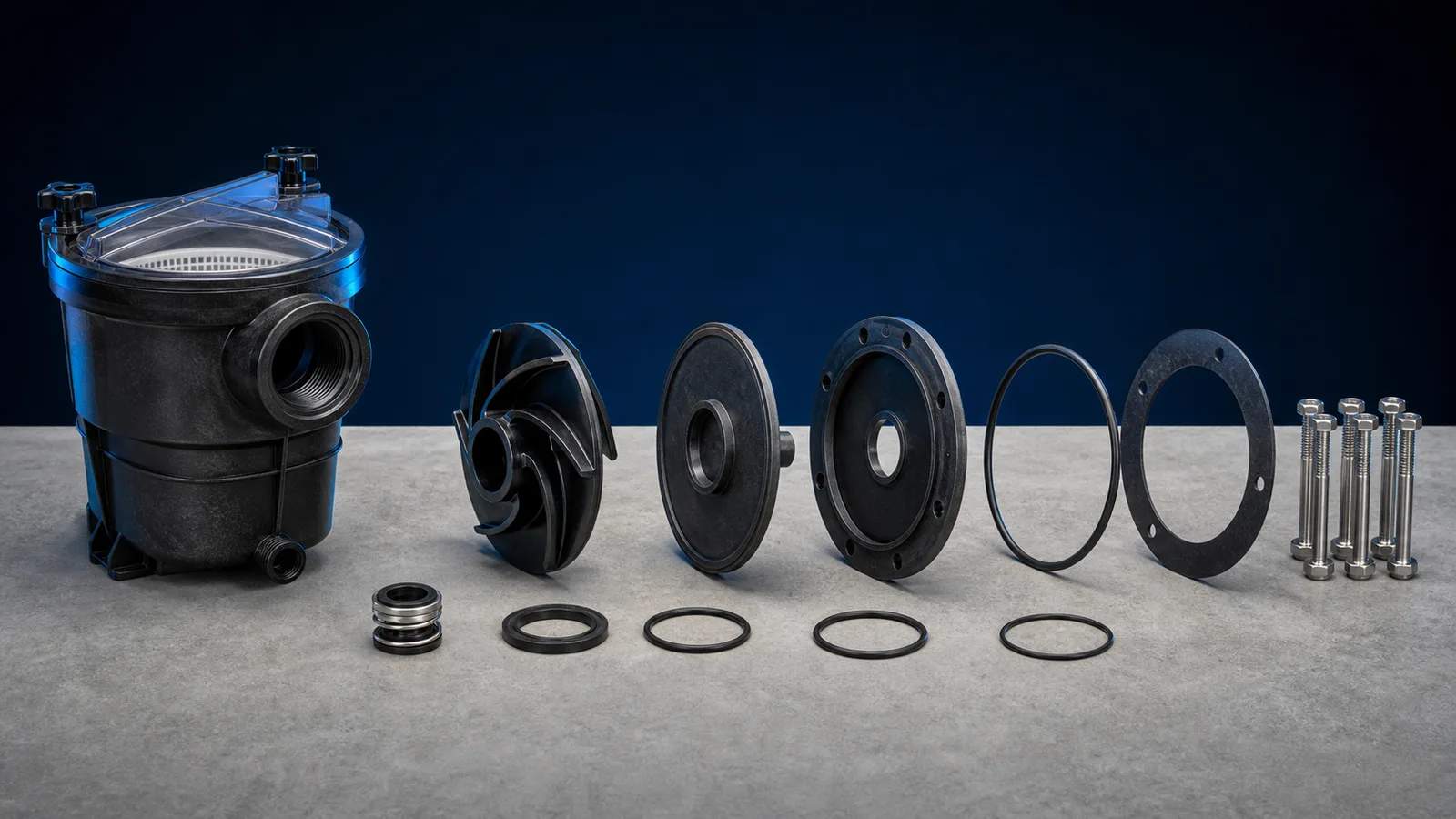Unbranded pool pump wet-end rebuild parts laid out on a technical workbench