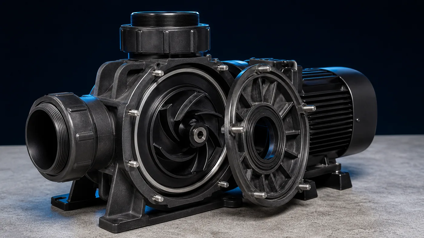 Pump housing opened to show impeller and diffuser
