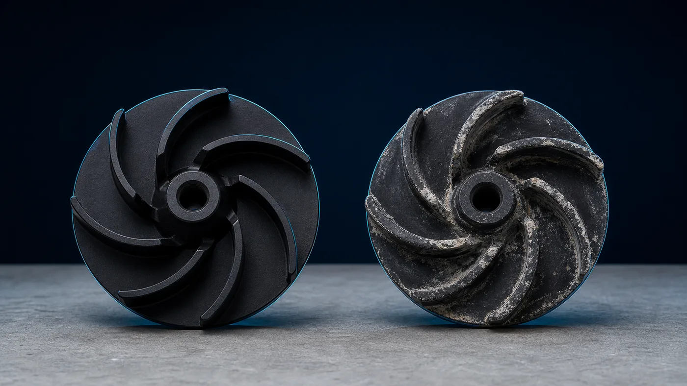 Worn impeller next to a new one