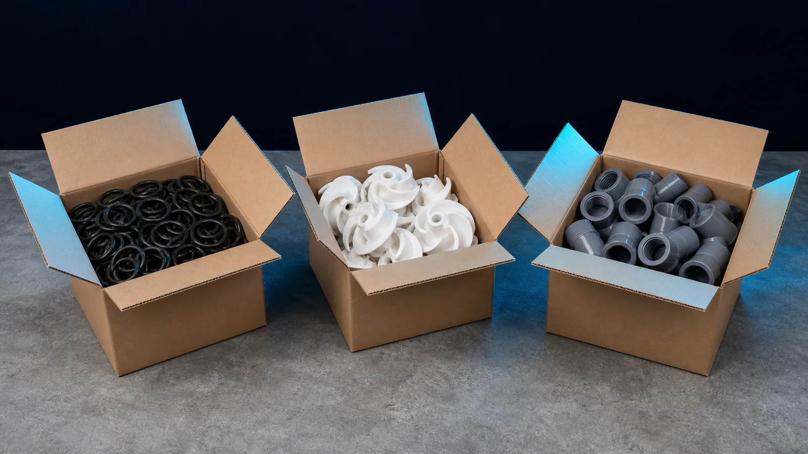 Three open cartons holding different pool parts, showing a mixed shipment