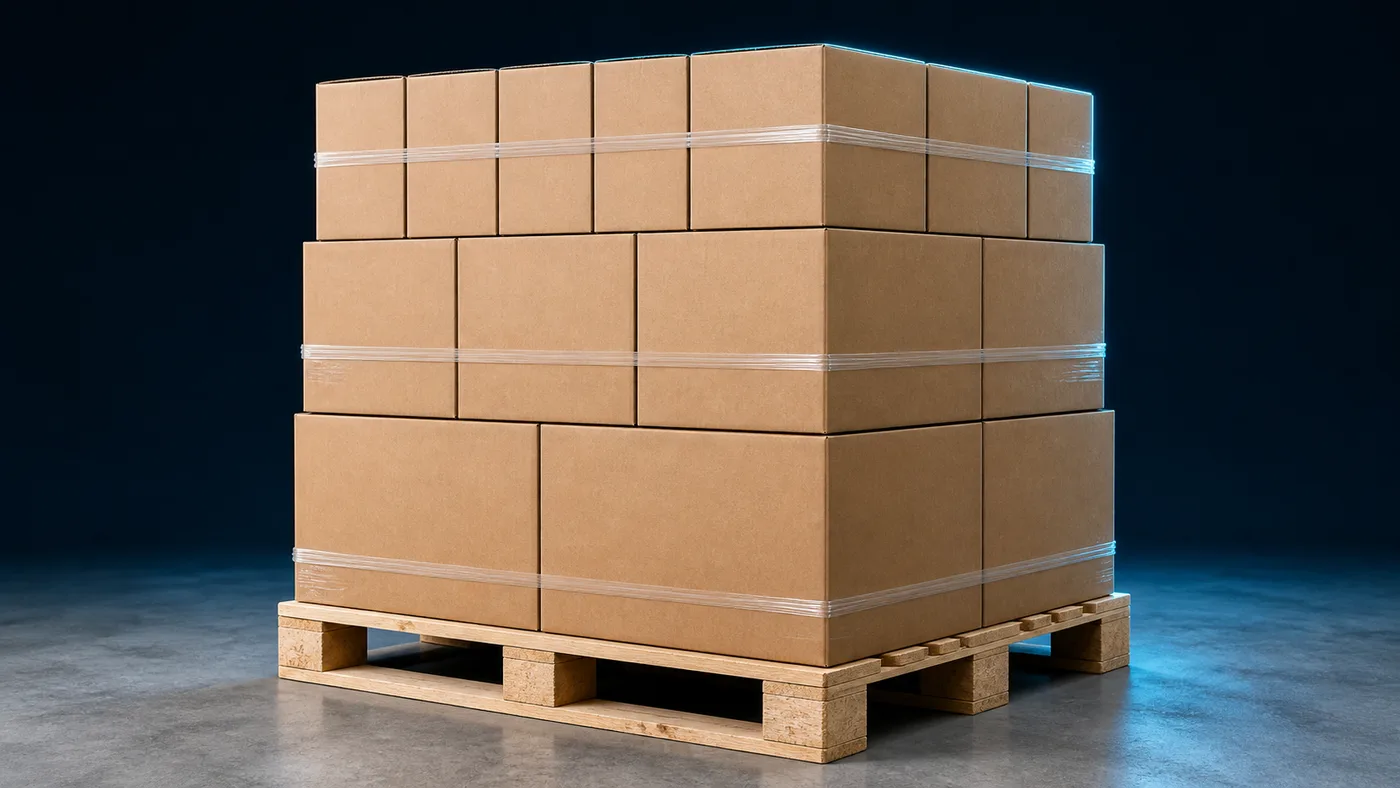 A single pallet carrying cartons of three different sizes
