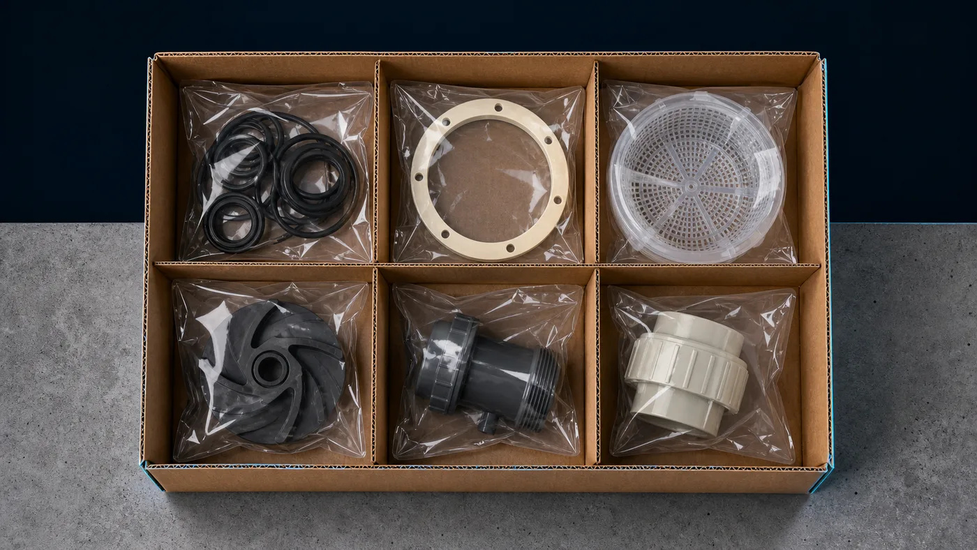 An open carton divided into compartments holding several different parts